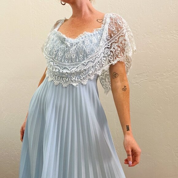 Vintage Dresses & Skirts - Vintage 1970's Light Blue Pleated Lace Trim Sleeveless Maxi Dress